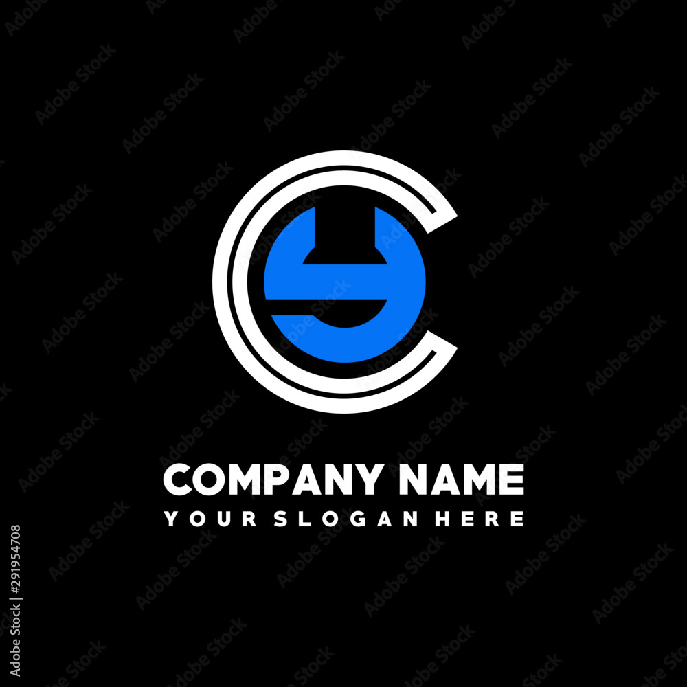 Initial lowercase letter CY, linked circle outline logo elegant, color white, blue on black background Initial lowercase letter CY, linked circle outline logo elegant, color white, blue on black background