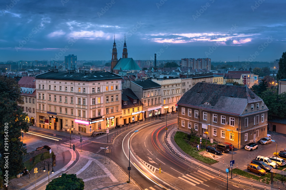 Naklejka premium Opole, Poland. Aerial cityscape at dusk