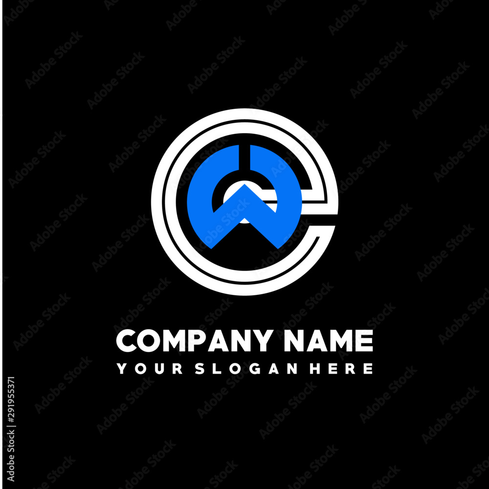Initial lowercase letter EW, linked circle outline logo elegant, color white, blue on black background Initial lowercase letter EW, linked circle outline logo elegant, color white, blue on black background