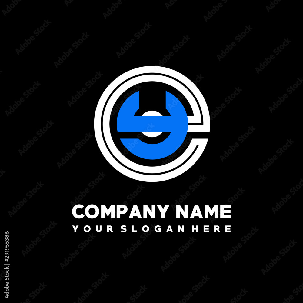 Initial lowercase letter EY, linked circle outline logo elegant, color white, blue on black background Initial lowercase letter EY, linked circle outline logo elegant, color white, blue on black background