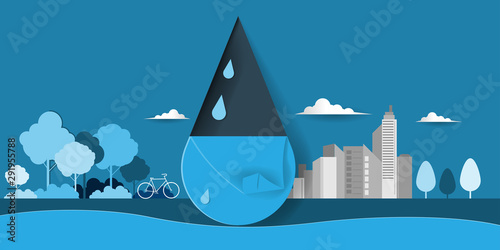 Paper art of water drop, ECO friendly and environment conservation concept, Flat and digital craft style vector illustration.