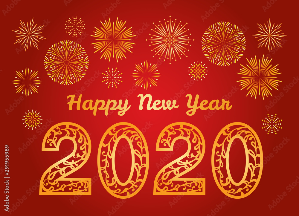 Happy New Year 2020! Festive golden fireworks. Gold 2020 Numbers decorated with openwork pattern on red Background. Greeting card, banner, New Year holiday poster with firecracker. Vector illustration Happy New Year 2020! Festive golden fireworks. Gold 2020 Numbers decorated with openwork pattern on red Background. Greeting card, banner, New Year holiday poster with firecracker. Vector illustration