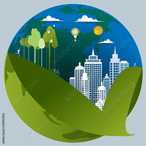 Paper art of city with green zone as ECO friendly and environment conservation concept, Flat and digital craft style vector illustration.