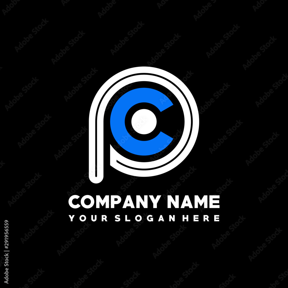 Initial lowercase letter PC, linked circle outline logo elegant, color white, blue on black background Initial lowercase letter PC, linked circle outline logo elegant, color white, blue on black background