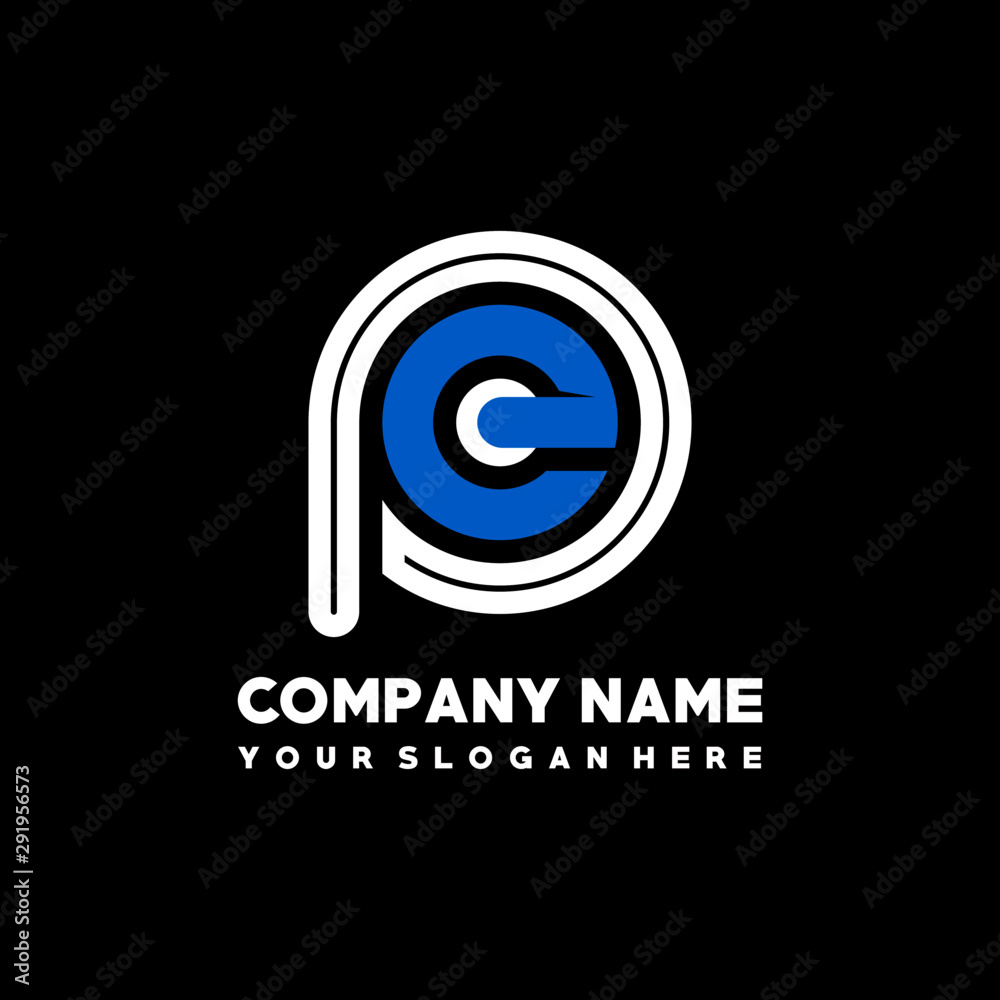 Initial lowercase letter PE, linked circle outline logo elegant, color white, blue on black background Initial lowercase letter PE, linked circle outline logo elegant, color white, blue on black background
