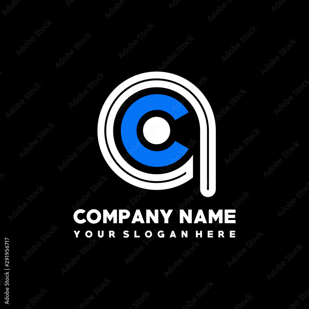 Initial lowercase letter QC, linked circle outline logo elegant, color white, blue on black background Initial lowercase letter QC, linked circle outline logo elegant, color white, blue on black background