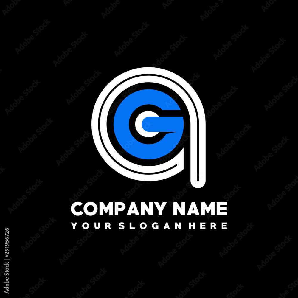 Initial lowercase letter QG, linked circle outline logo elegant, color white, blue on black background