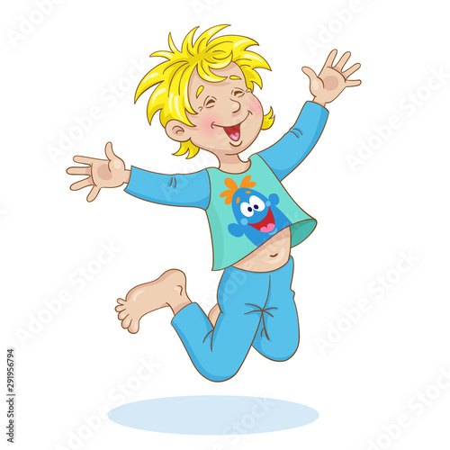 Pajama party. Funny boy in pajamas jumping. In cartoon style. Isolated on a white background.