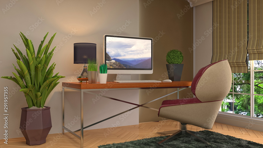 Fototapeta premium Computer on office table. 3d illustration
