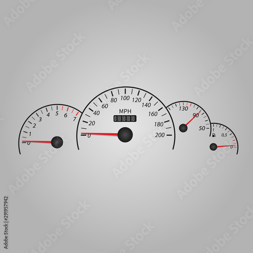 Car speedometer dashboard. Speed metre panel with odometer, miles counter and urgency dial or cars instrument fast dashboard.
