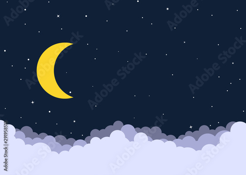 Night cloudy sky background with moon and shining stars - Vector illustration