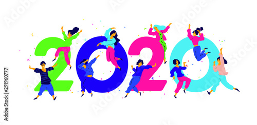 Illustration New Year 2020. Vector. People tweet and have fun around numbers. Youth celebrate Christmas. Employees in the office are going to celebrate. Flat style.  © ae