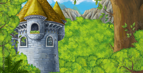 cartoon scene with mountains valley near the forest and castle illustration for children