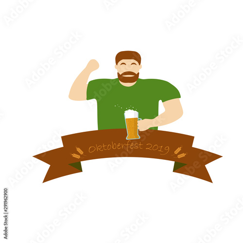  A man in a green T-shirt is holding a beer. Oktoberfest ribbon. Vector flat style illustration.