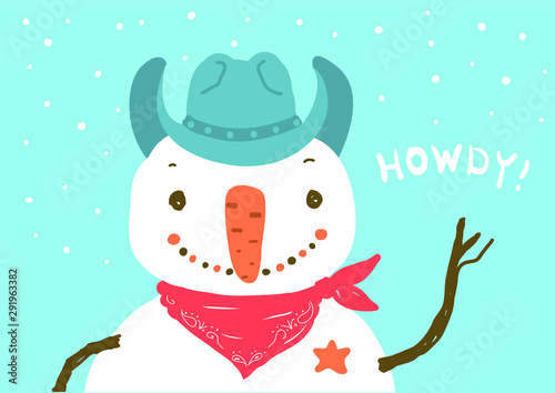Snowman in western cowboy clothes. Vector Merry Christmas card with winter snow background and text