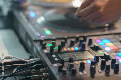 Photography of the modern premium stage mixed board / desk. Close frontal view.