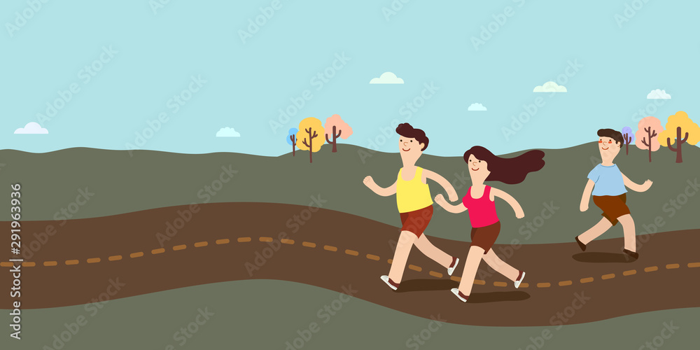 Couple jogging in the park, flat design illustration