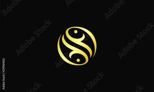 Twin or double fish logo template with yin and yang as pisces symbol in flat design monogram illustration