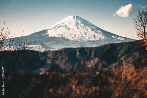 Beautiful Fuji mountain with snow covered on the top in the winter season in Japan, Teal and Orange tone.