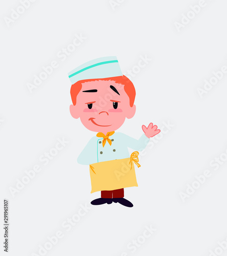 Chef waving with a dreamy expression.