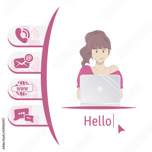 Icon us contacts. Woman sitting at table with laptop