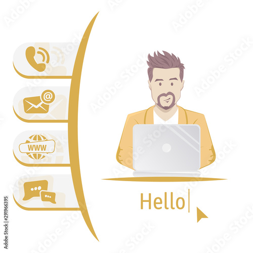 Icon us contacts. Man sitting at table with laptop