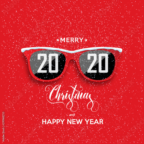 Red hipster glasses on snowfall background. 2020 Happy New Year and Merry Christmas. Vector illustration.