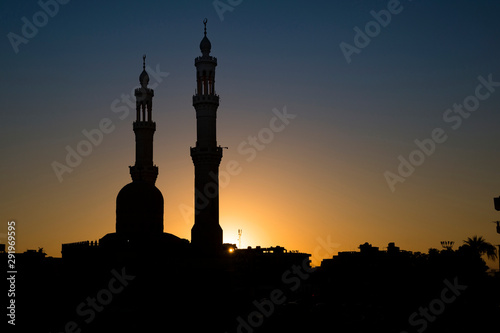 Silhouettes of mosque minarets at sunset, Hurghada, east Egypt