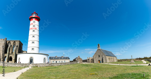 Panorama view of the Point Saint Mathieu lighthouse and abbey and chapel on the  coast of Brittany in France