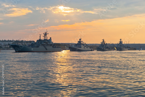 Build warships in the Sevastopol bay in the early summer morning, Crimea