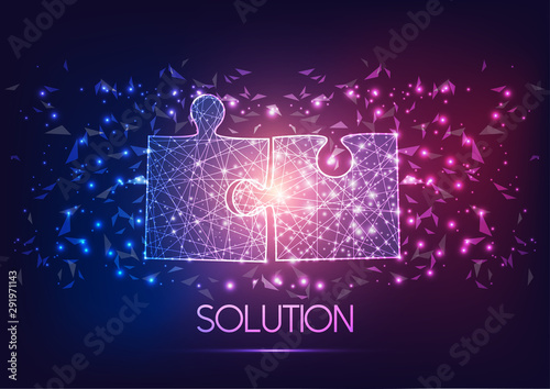 Futuristic glowing wireframe design two jigsaw puzzle pieces fitting each other.