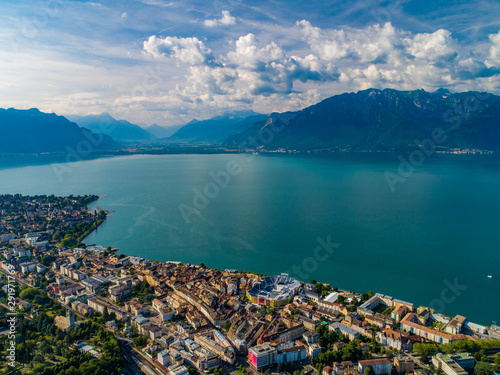Drone shot of vevey city with stadium