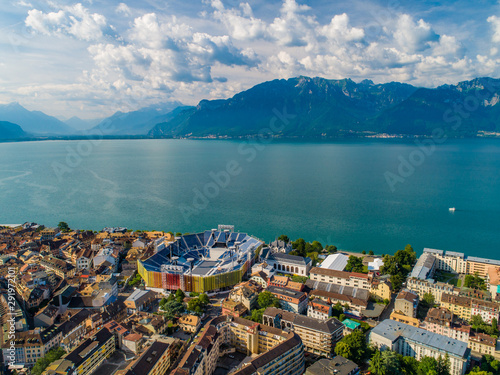 Drone shot of vevey city with stadium
