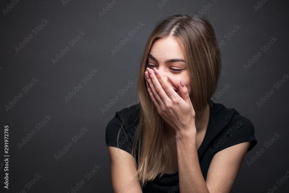 Sexy woman or girl wearing white blank t-shirt laughing Sexy woman or girl wearing white blank t-shirt laughing