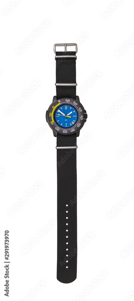 Wristwatch isolate on a white background. Sports wrist watch with a nylon bracelet. Watches for scuba divers. Wristwatch isolate on a white background. Sports wrist watch with a nylon bracelet. Watches for scuba divers.
