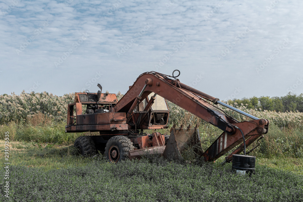 Fototapeta premium Abandoned broken old rusty excavator. Forgotten technics.
