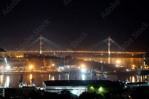Night landscape of Diomid Bay with a view of the Russian bridge. © vvicca