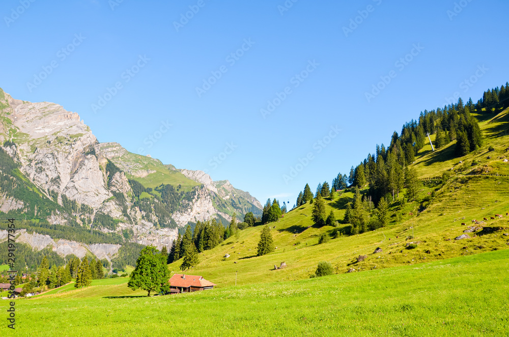 Beautiful Alpine landscape near Kandersteg in Switzerland captured in summer season. Green meadows, rocky hills. Swiss Alps, rocks and mountains. Trail leading to Oeschinensee lake