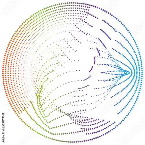 Random, irregular dots, speckles and particles. Diffusion, dissolve effect. Cluttered, radial, radiating vortex. Spiral of random, scattered dots. Noise, moire illustration. Abstract geometric circle