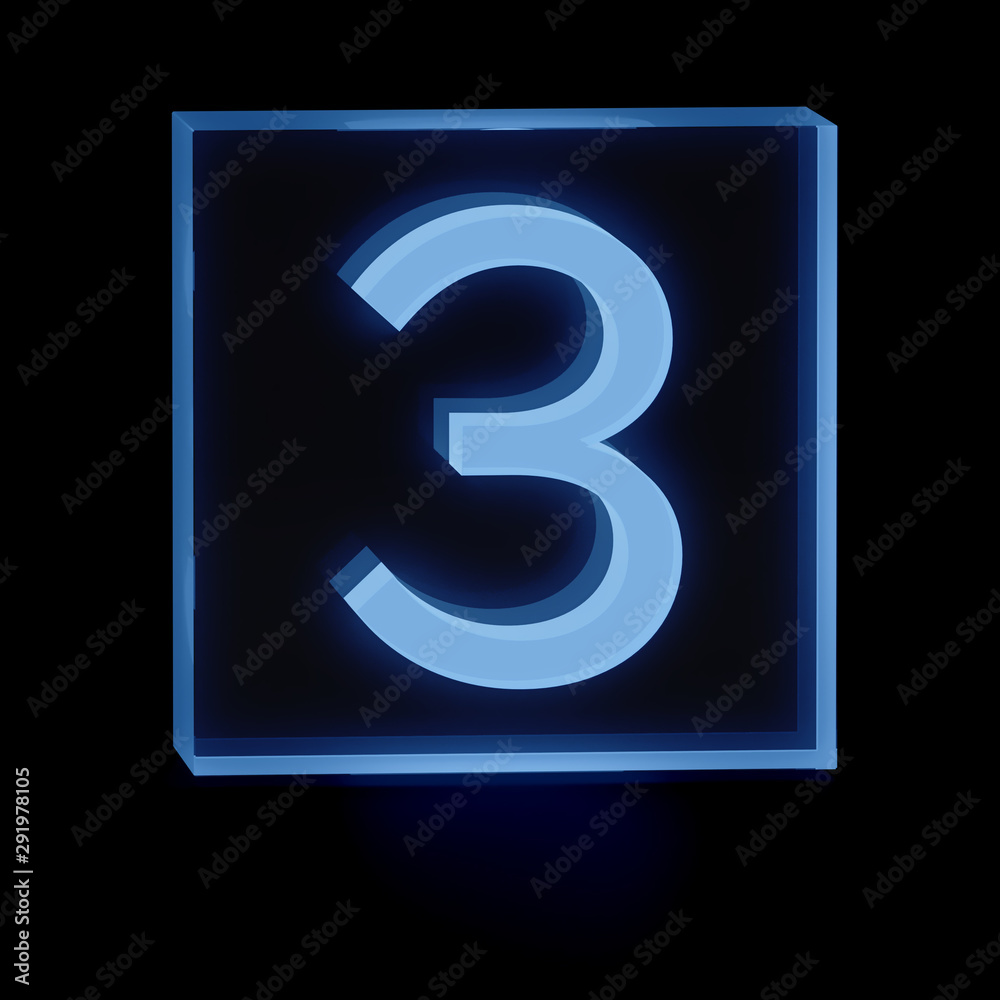 Clear transparent glass or plexiglass display with luminous mathematical digit 3 Three inside on dark background, 3D rendered image Clear transparent glass or plexiglass display with luminous mathematical digit 3 Three inside on dark background, 3D rendered image