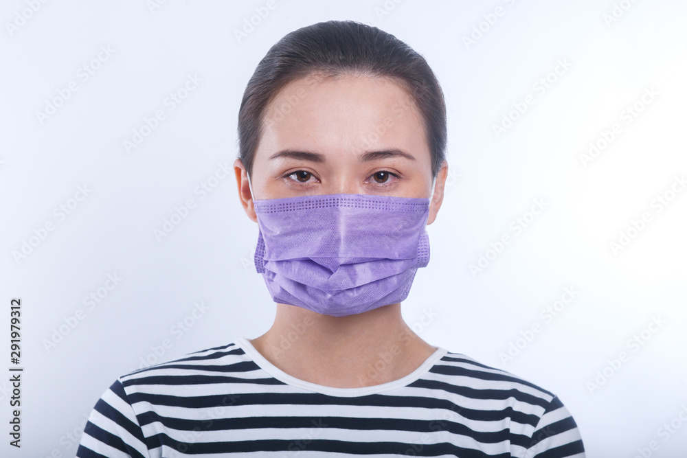 Asian woman wear protective face mask. on white background Asian woman wear protective face mask. on white background
