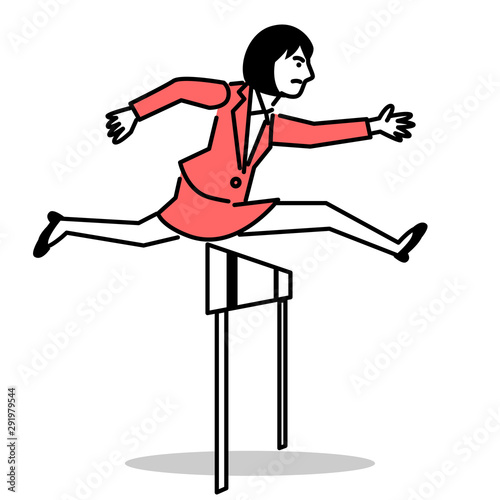Business woman jumping over hurdle. Vector illustration.