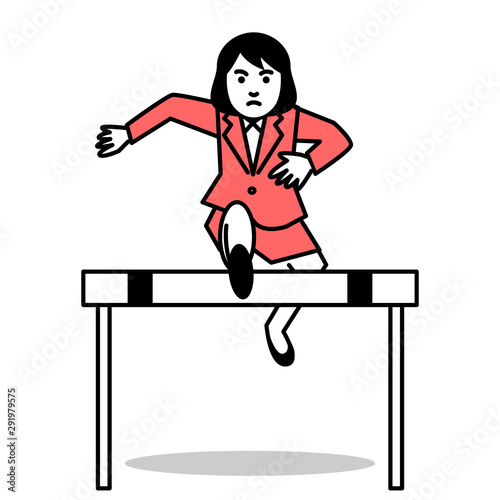 Business woman jumping over hurdle. Vector illustration.