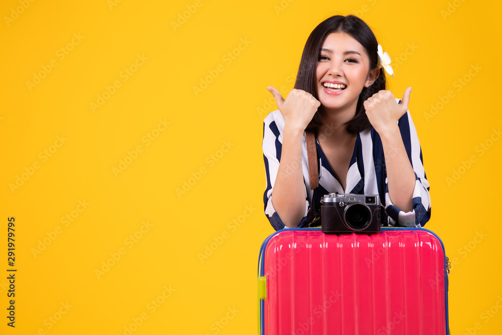 Tourist woman in summer casual clothes.Asian Smiling woman .Passenger traveling abroad to travel on colour background.Asian woman going to summer vacation.Travel trip funny. Tourist woman in summer casual clothes.Asian Smiling woman .Passenger traveling abroad to travel on colour background.Asian woman going to summer vacation.Travel trip funny.