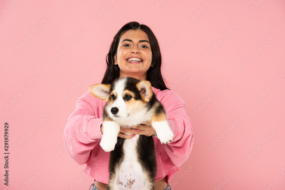 smiling girl holding Welsh Corgi puppy, isolated on pink