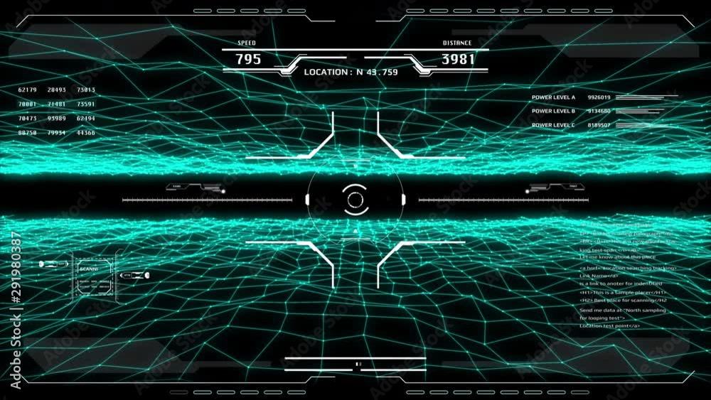 Aerial view HUD digital futuristic surveillance monitor screen display. Hi technology satellite crosshairs target flying scanning for security mission UAV attack imitation inspiration concept.