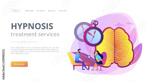 Hypnotherapy session, subconscious research. Psychiatrist assistance. Hypnosis practice, altered state of mind, hypnosis treatment services concept. Website homepage landing web page template.