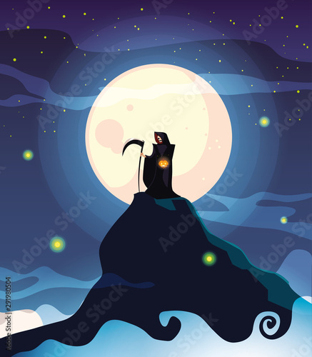 man disguised of death with moon in scene of halloween