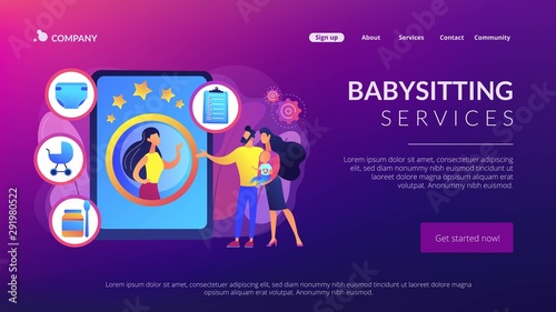 Couple with infant, parents choosing professional babysitter. Babysitting services, personal childcare services, hire a reliable sitter concept. Website homepage landing web page template. photo