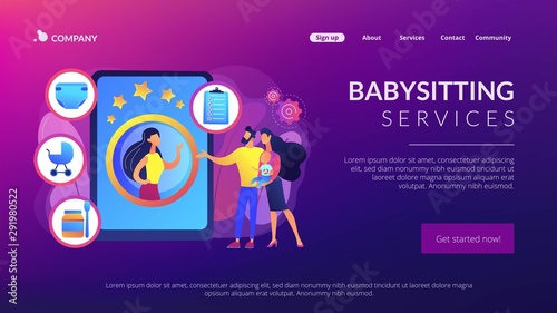 Couple with infant, parents choosing professional babysitter. Babysitting services, personal childcare services, hire a reliable sitter concept. Website homepage landing web page template.